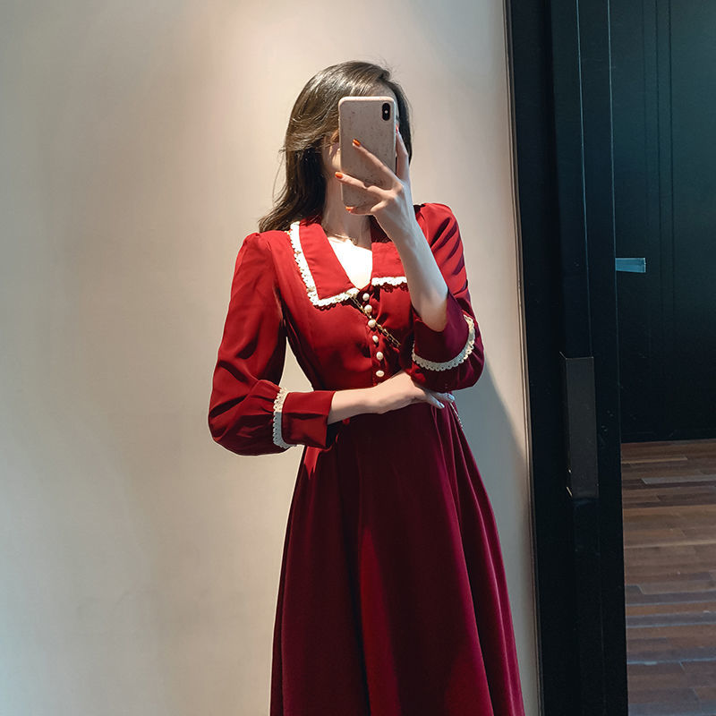 Đầm Tay Dài Lưng Cao Phối Ren Màu Đỏ / Đen Phong Cách Pháp Thanh Lịch