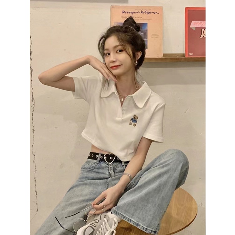 Áo Thun polo Tay Ngắn Dáng Rộng In Hình Gấu Dễ Thương Cho Nữ