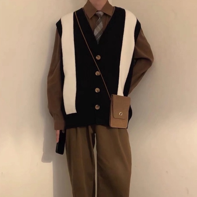 Áo cardigan len không tay dáng rộng màu sắc tương phản phong cách harajuku dành cho nam giới áo sweater khoác  thời trang áo tay lỡ  phối hàn áo dệt kim