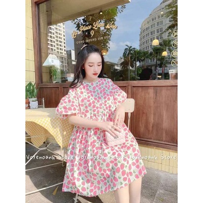 Váy cộc cổ tròn quả dâu hồng phối dễ thương