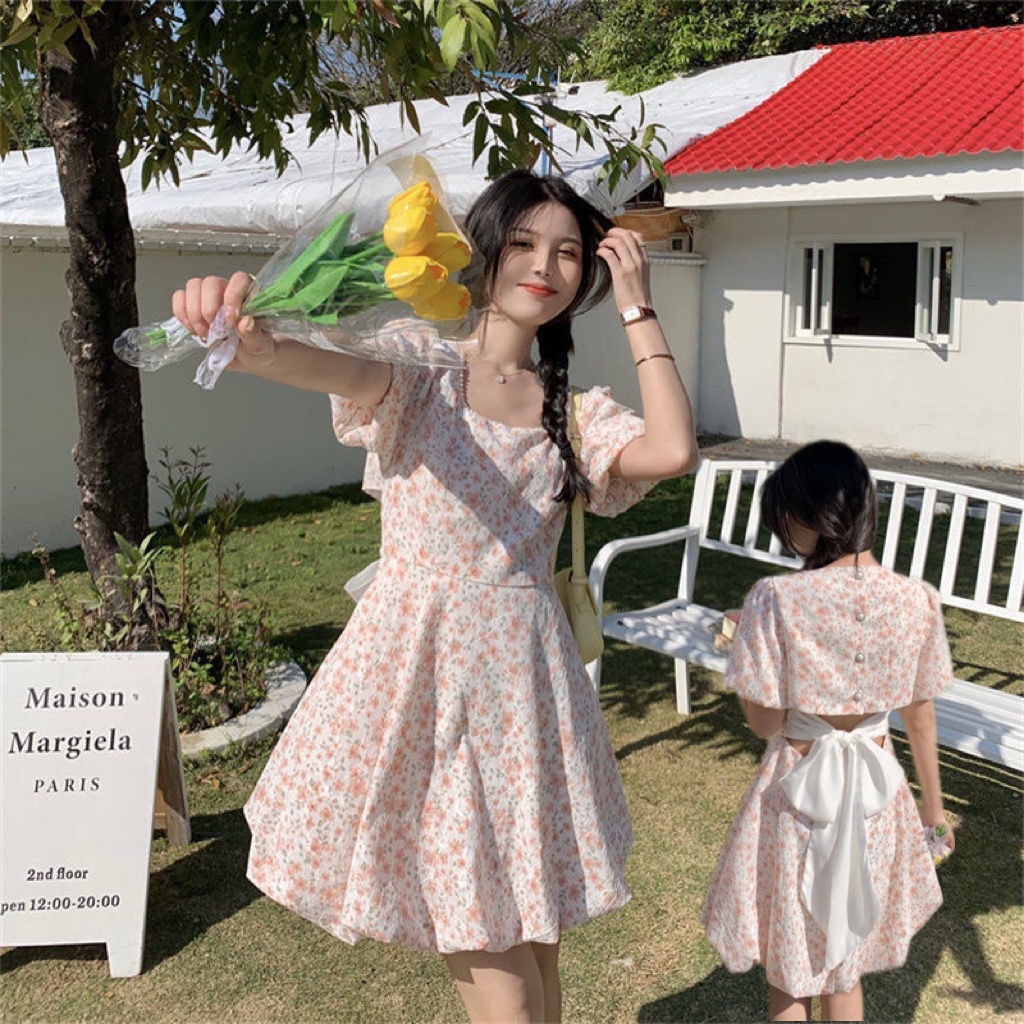 Đầm Hoa Tay Phồng Hở Lưng Thời Trang Mùa Hè Pháp Ngọt Ngào Cho Nữ
