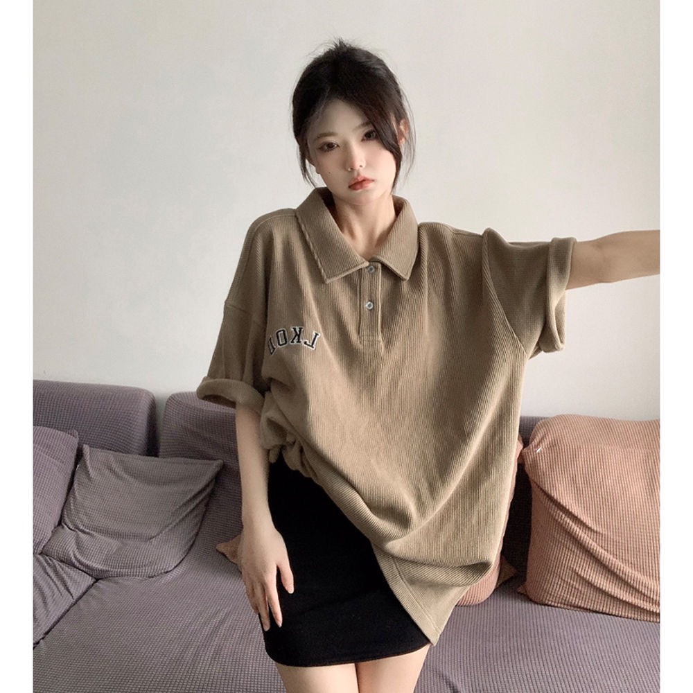 Áo Polo Tổ Ong Thêu Lkoo Unisex Thun kiểu form rộng tay lỡ màu vintage 3158 phông cổ bẻ