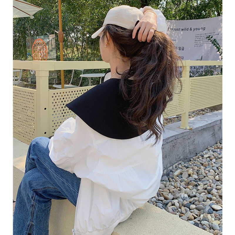 Áo Khoác Chống Nắng Mỏng Cổ Bèo Màu Sắc Tương Phản Dễ Phối Đồ Thời Trang Mùa Hè Cho Nữ