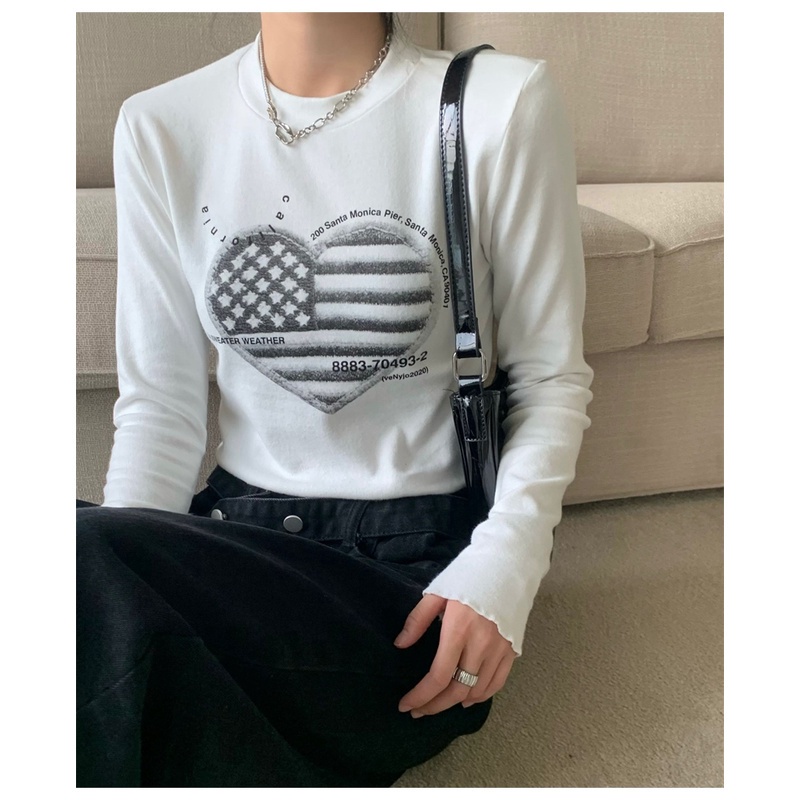 Áo thun lửng tay dài cổ tròn in họa tiết thời trang Hàn Quốc