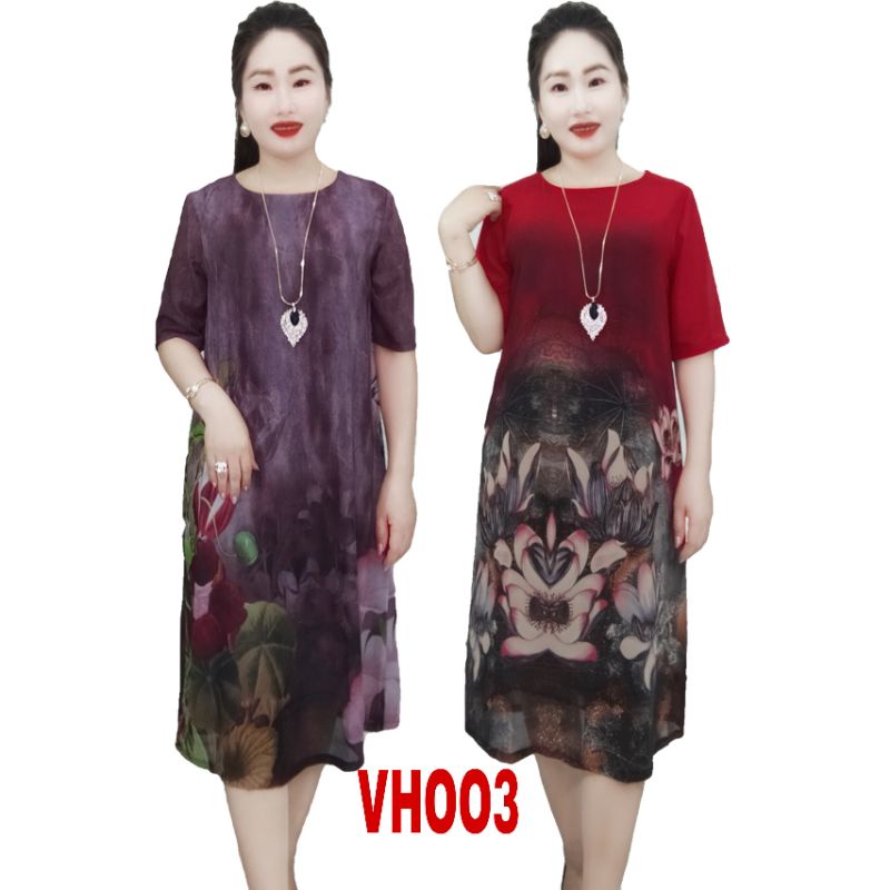 Váy Đầm trung niên vải voan chifong dáng suông A che bụng tôn dáng tôn da