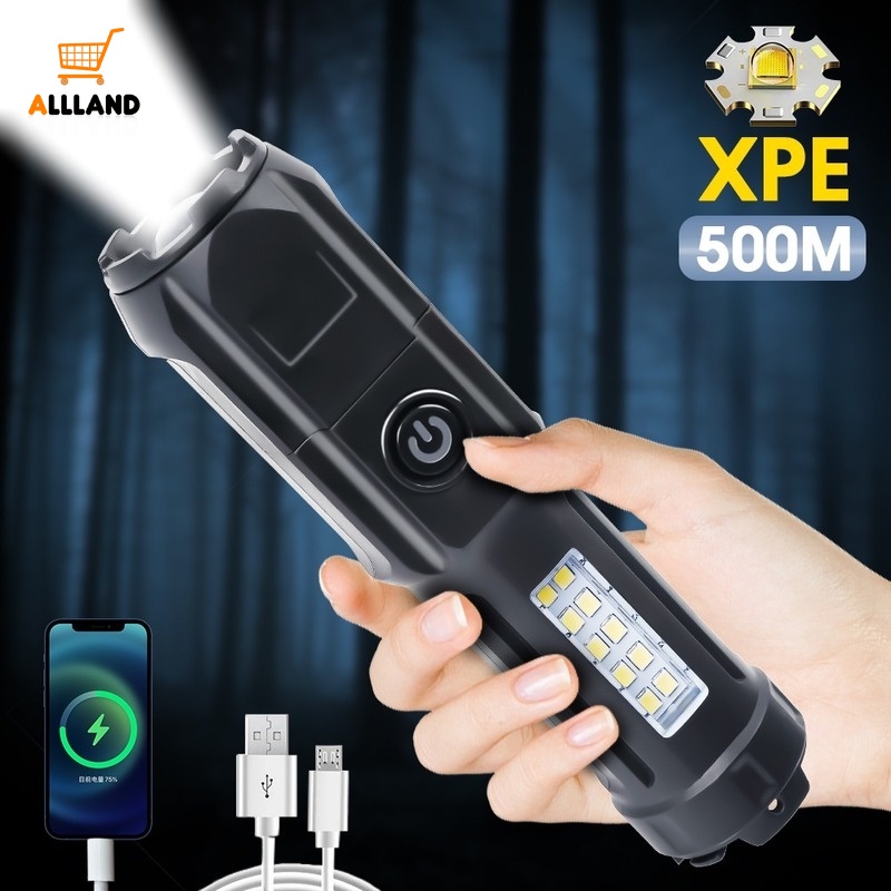 1 Đèn Pin USB Siêu Sáng Có Thể Sạc Lại Với 4 Chế Độ Đèn LED Có Tay Cầm Và Thu Gọn Được