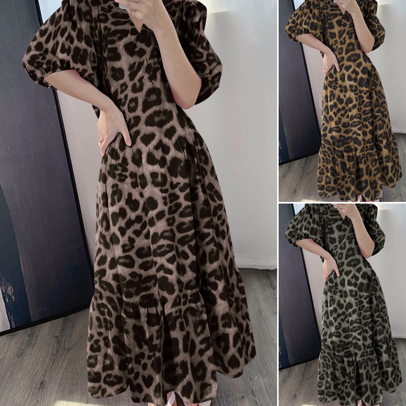 ZANZEA Đầm Maxi Tay Phồng Họa Tiết Da Báo Thời Trang Cho Nữ | BigBuy360 - bigbuy360.vn