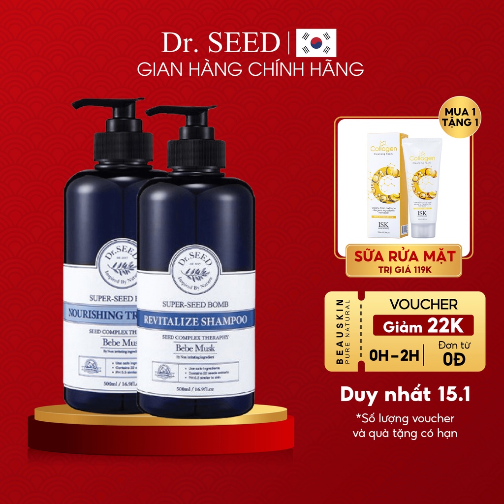 Bộ Dầu Gội Xả DR SEED Super Seed Bomb Revitalize Tái Tạo Phục Hồi Tóc Hư Tổn, Giúp Bóng Mượt, Giảm Gãy Rụng 500ml-1000ml