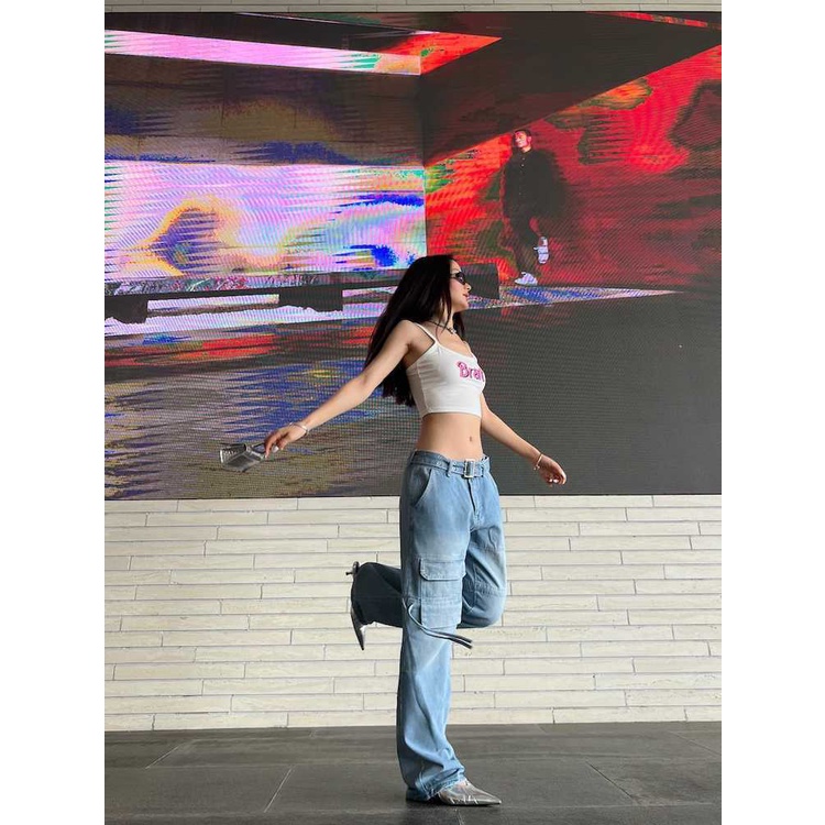 Quần Yếm Jean Ống Rộng Dáng Suông Màu Xanh Nhạt Thời Trang Cho Nữ