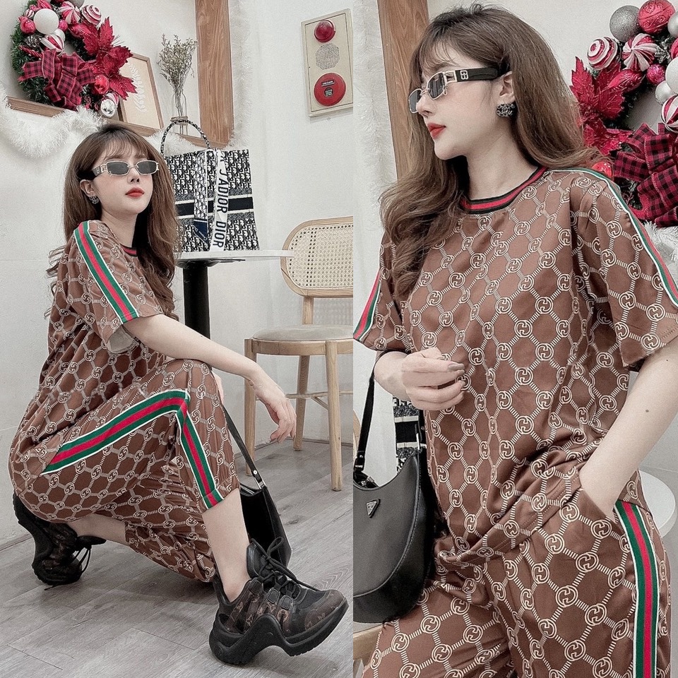 Set Bộ Thun Dài Form Rộng Chân Bo Thun In Họa Tiết 3D Màu Nâu Viền Sọc