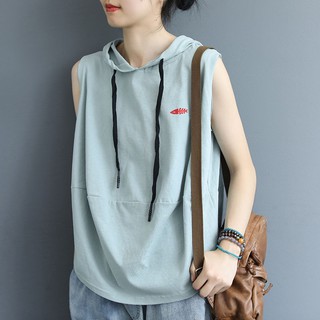 Áo Thun Sát Nách Dáng Rộng 95% cotton Có Mũ Trùm Kiểu joker Mùa Hè Cho Nữ