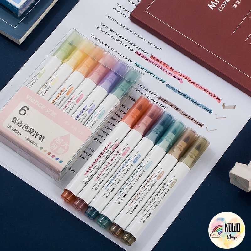 Bộ Bút Highlight Dạ Quang Marker 6 Màu Ghi Chú Xinh Xắn VIENCE DQ3