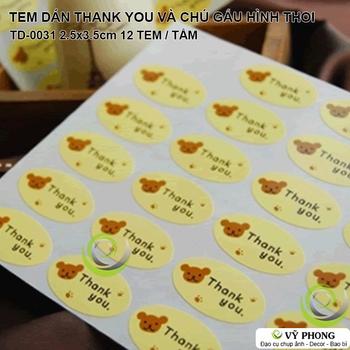 TEM DÁN STICKER GẤU THANK YOU OVAL NHÃN DÁN TRANG TRÍ HỘP QUÀ BAO BÌ BÁNH KẸO TD-0031