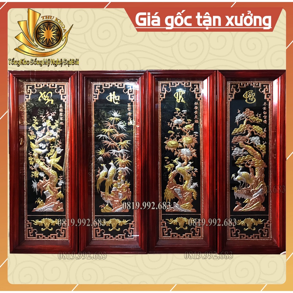 Tranh Tứ Quý Bằng Đồng Mạ Vàng 24K Kèm Đèn Led Gỗ Thịt Chính Hãng Đồ Đồng Đại Bái Bộ Kích Thước Chuẩn Phong Thủy