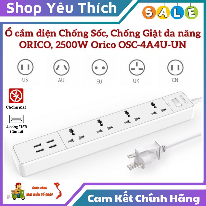 Ổ Cắm Điện ⭐FREE SHIP⭐ Ổ Cắm Điện Chống Sốc Orico OSC-4A4U-UN 4 Lỗ Cắm 3 Chấu Tích Hợp 4 Cổng Sạc USB 2.4A