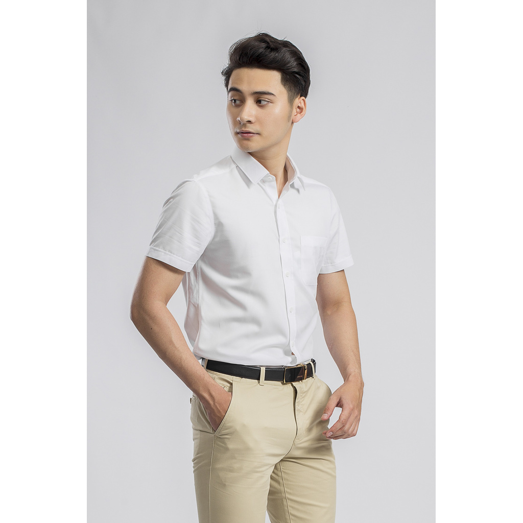 Áo Sơ Mi Nam Tay Ngắn Aristino ASS059S9 Màu Trắng Dệt Ô Trám Dáng Regular Fit Vải Sợi Tre