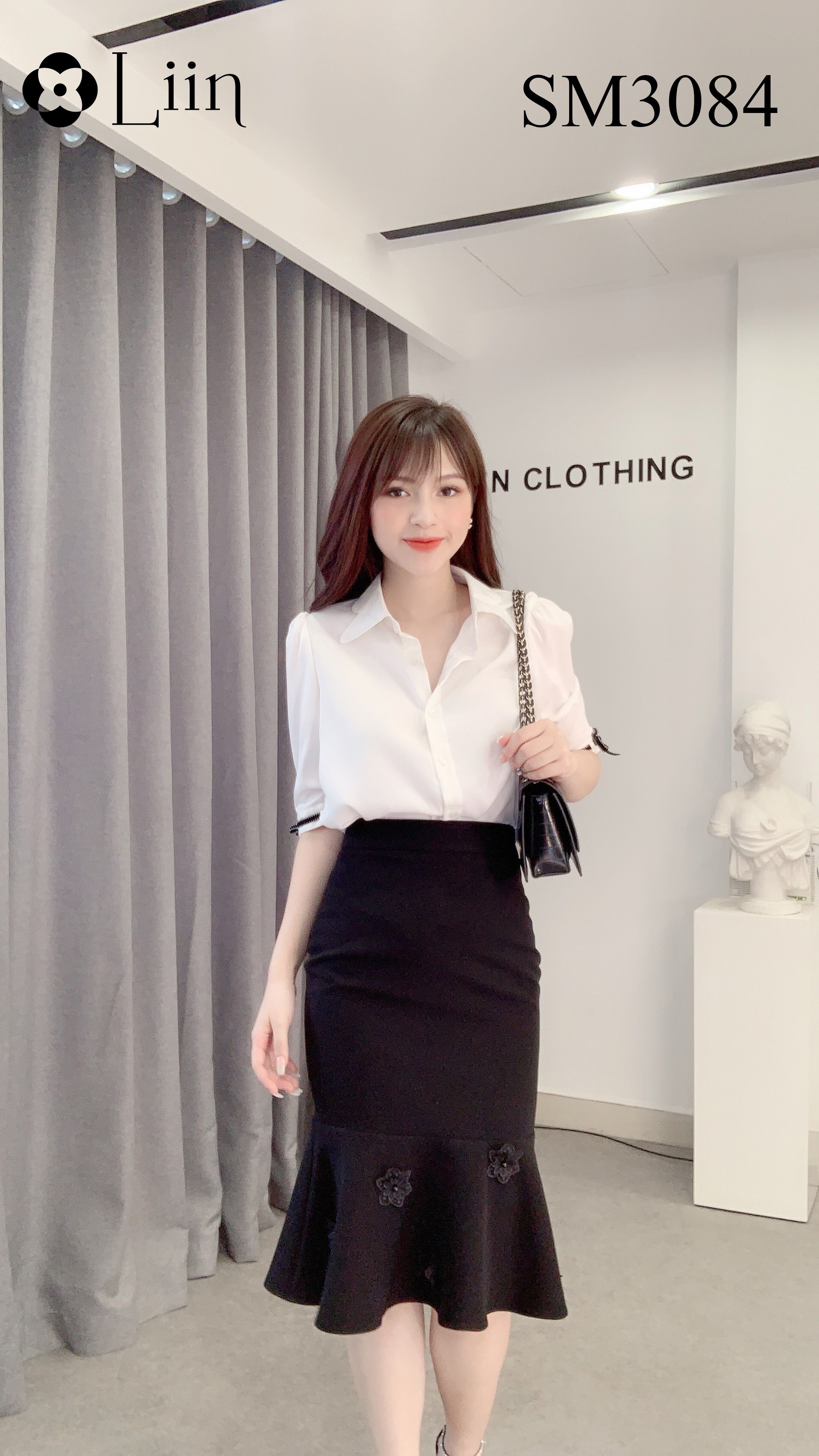 Áo sơ mi nữ màu Trắng kết hợp Cổ Nơ Đen xinh xắn Liin Clothing SM3084