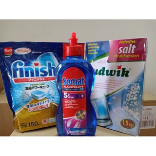 Combo viên rửa bát Finish 150v, Muối rửa bát Ludwik 1,5kg, NƯỚC LÀM BÓNG CHO MÁY RỬA BÁT somat 750ml