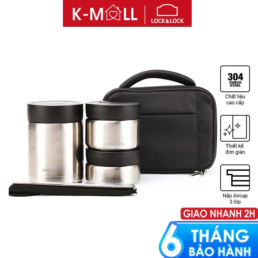 Bộ hộp cơm giữ nhiệt LocknLock màu bạc 3 ngăn, có nút thoát hơi điều chỉnh LHC8031SLV - K-MALL