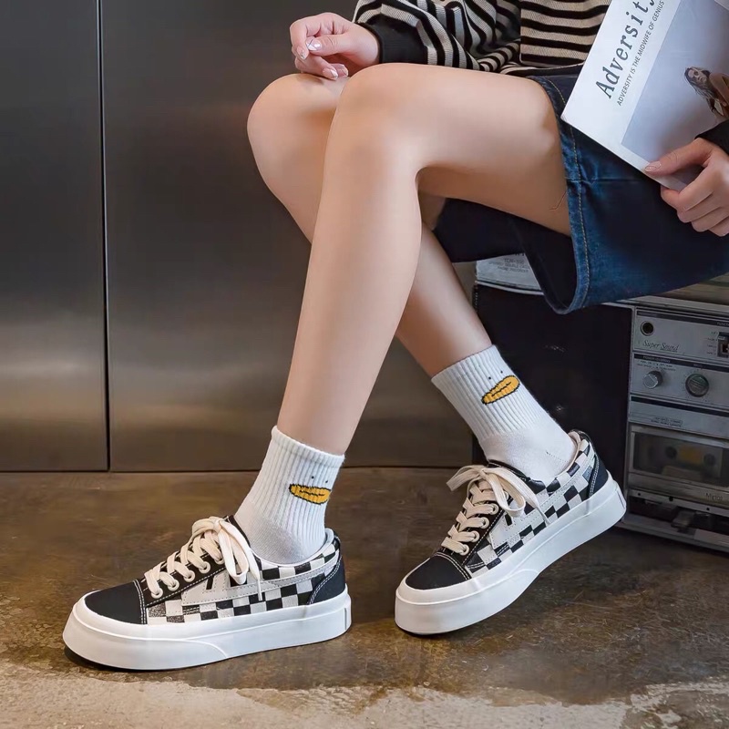 Giày thể thao nữ vải tăng chiều cao kẻ Caro Cao Cấp