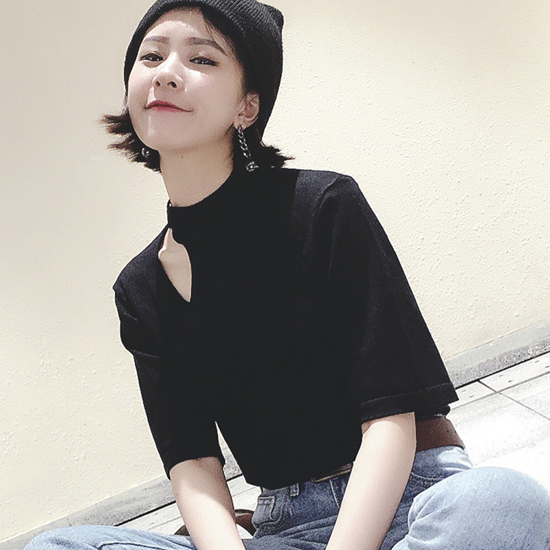 Áo thun tay ngắn cổ lọ thiết kế thanh lịch phong cách vintage