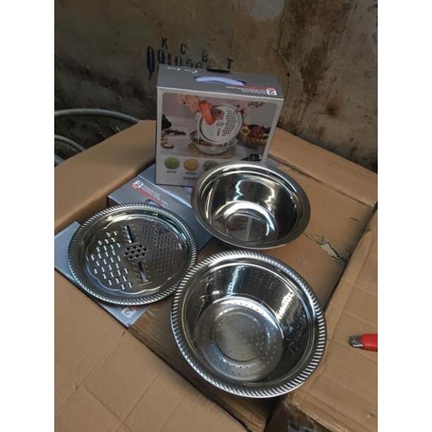 Bộ Rổ Nạo INOX Kèm Chậu Đa Năng 3 Trong 1 🍀 Bát Inox Trộn Rau Củ Kèm Bộ Nạo Đa Năng