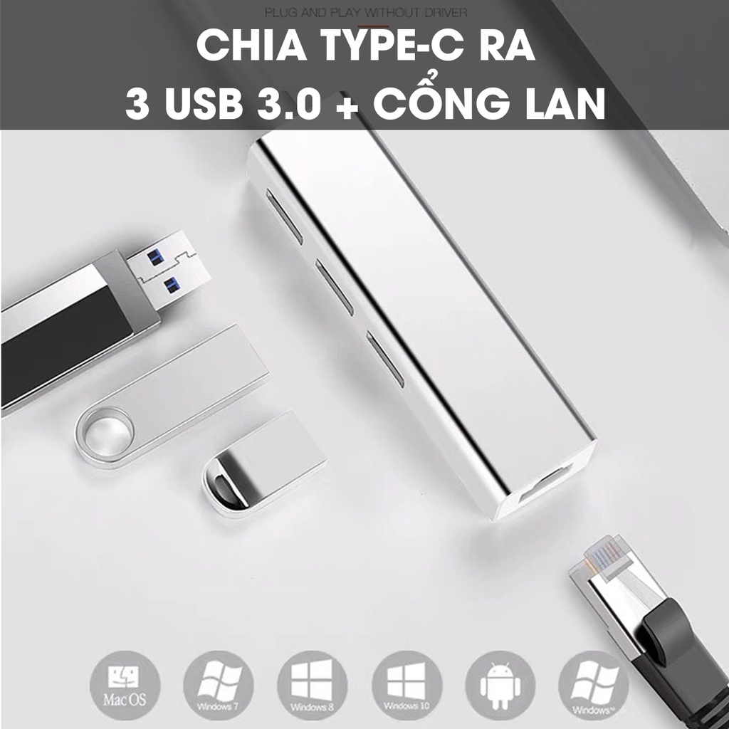 Hub USB Type C kết nối mạng Lan RJ45, Hub chia ra 3 cổng USB 3.0  mở rộng kết nối chuyển đổi cho laptop, PC tốc độ cao