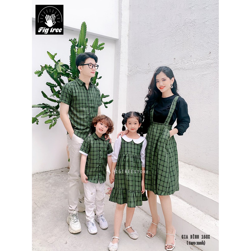 Set Sơ Mi Váy Gia Đình FIGTREE Mã 160X Yếm Nữ Kèm Áo Thun Siêu Xinh