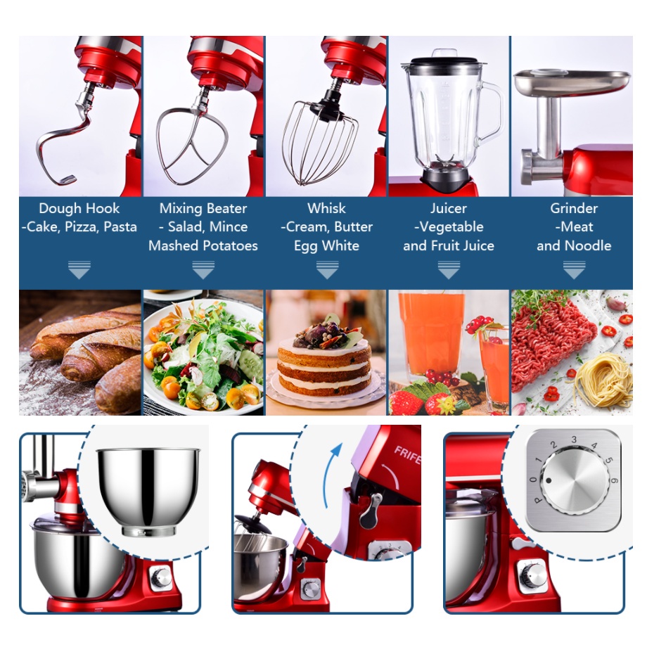 Máy nhào bột Frifer 5L 1000W 6 trong 1 - trộn 1 kg bột khô  - Làm mỳ, sinh tố, đánh kem, đùn thịt xúc xích..