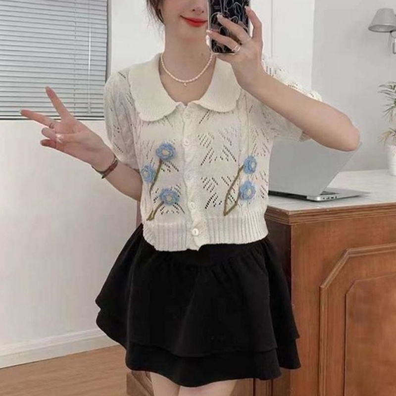 Áo Croptop Dệt Kim Tay Ngắn Thêu Hoa Xinh Xắn Thời Trang Mùa Hè Cho Nữ