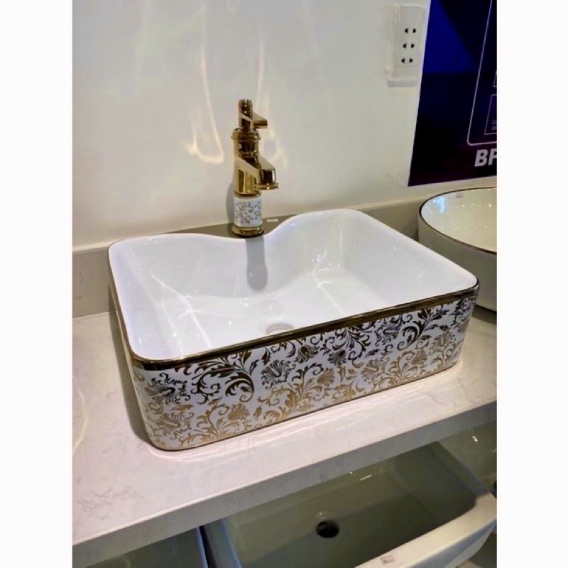 [ Lavabo Đặt Bàn Vuông Hoa Văn Vàng ] - Cao Cấp Giá Rẻ