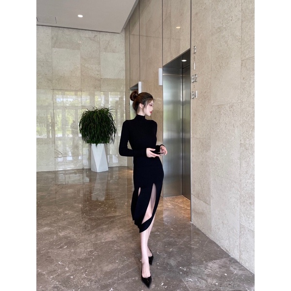 Đầm len dáng ôm cổ cao tà tua rua thiết kế độc đáo sành điệu thương hiệu thời trang Bottega Veneta cao cấp