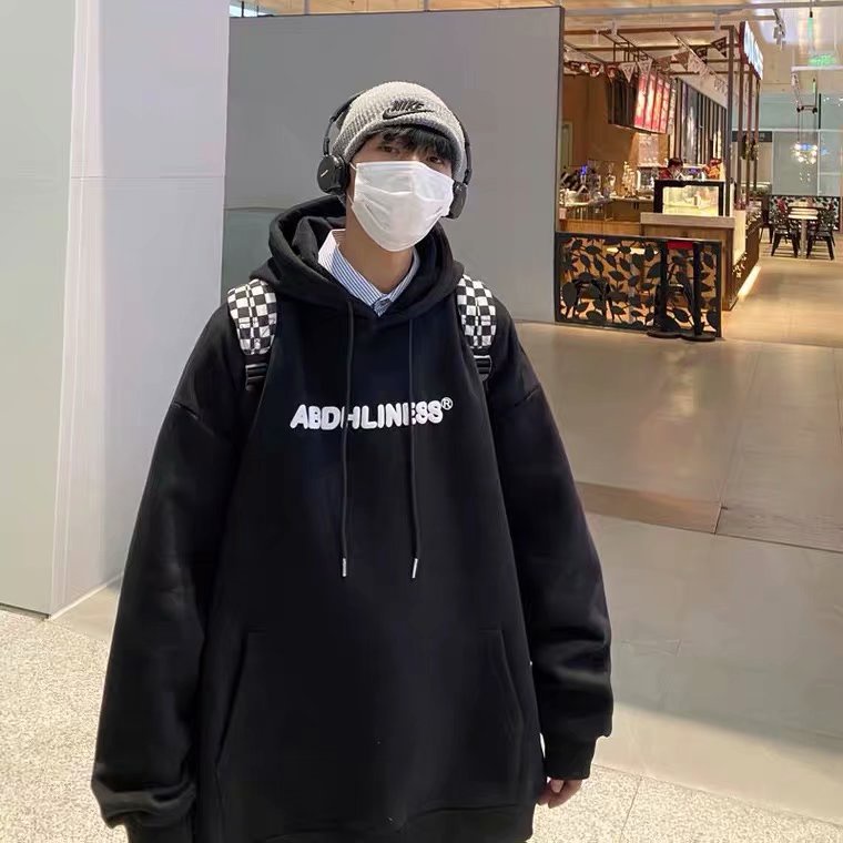 Áo hoodie dáng rộng in chữ phong cách Hàn Quốc thời trang mùa đông cỡ M-5XL cho nam