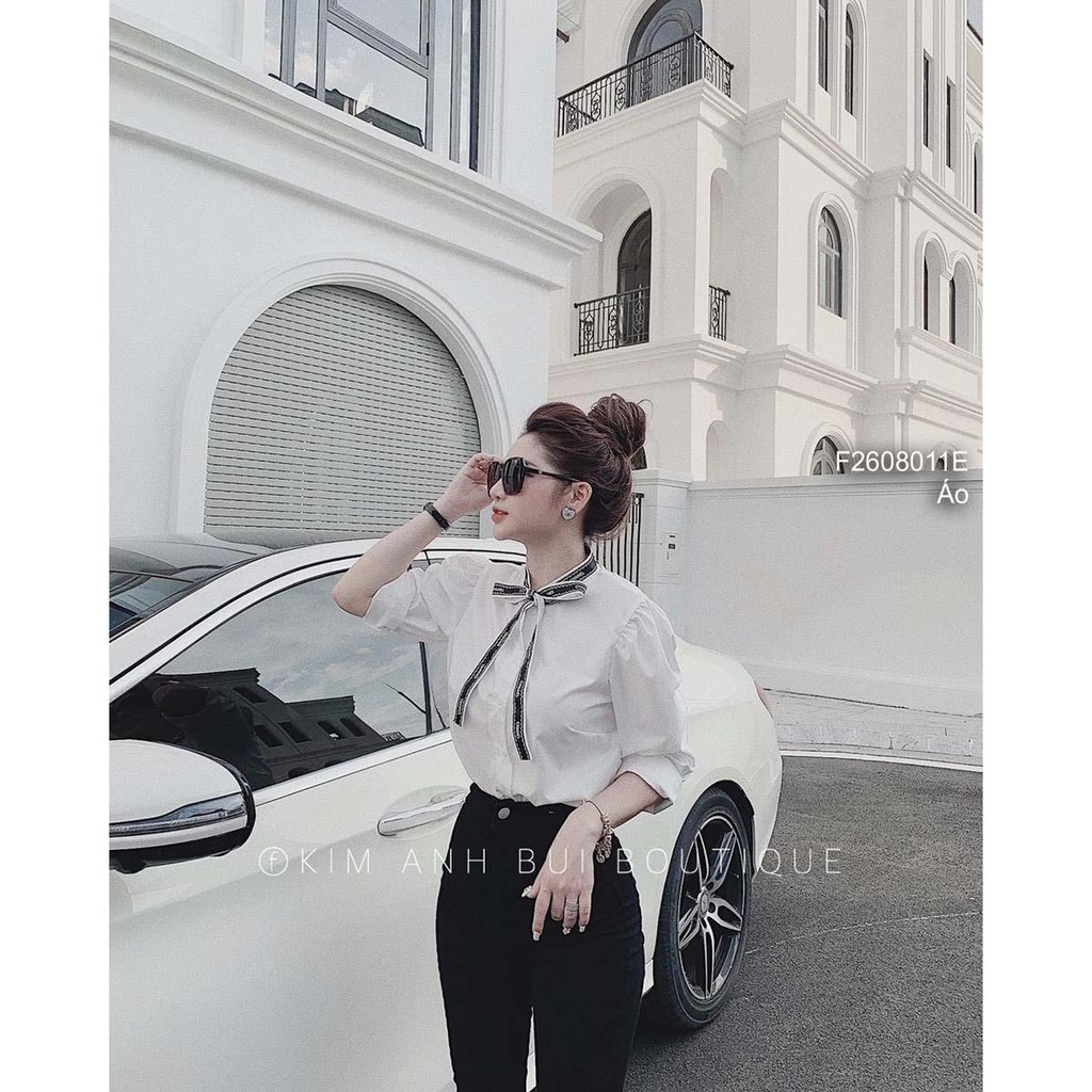Áo sơ mi trắng cổ viền chữ thắt nơ tay dài!