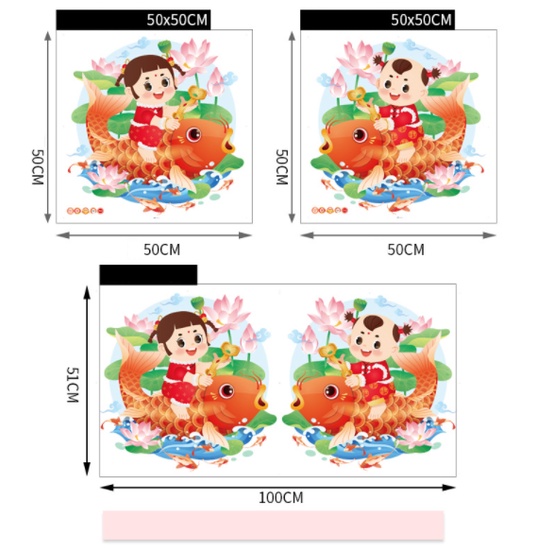 Decal hít tĩnh điện dán tết - Bé gái và bé trai cưỡi cá chép