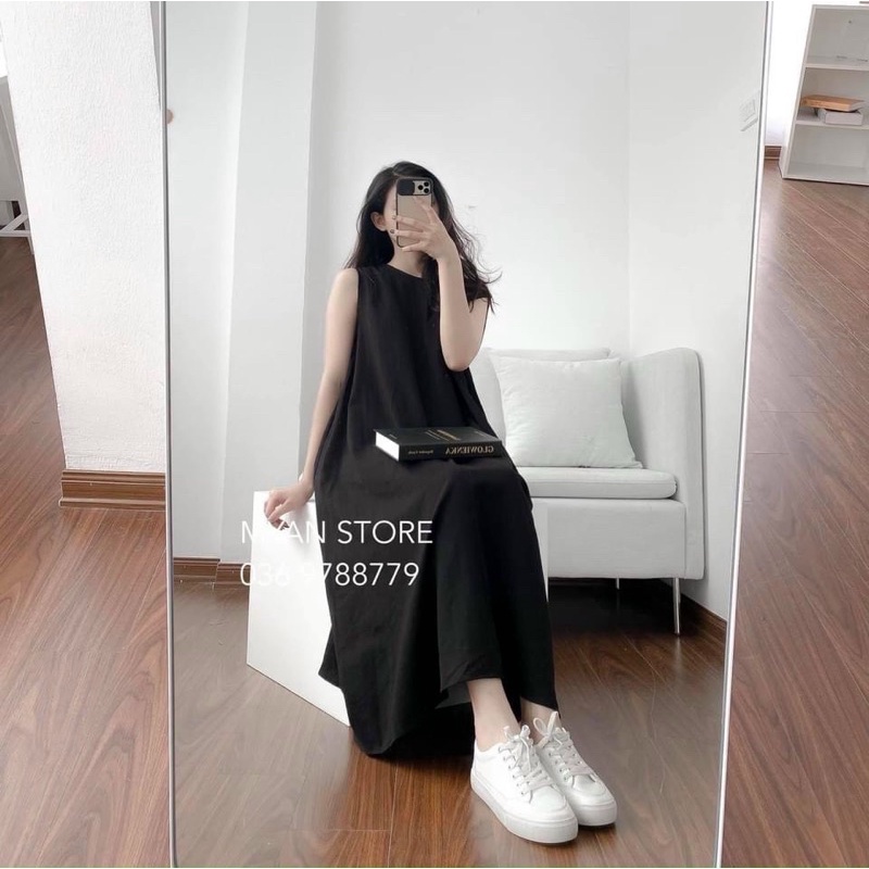 VÁY MAXI sát nách xoè dáng suông dài chất đũi lụa fom rộng không may túi