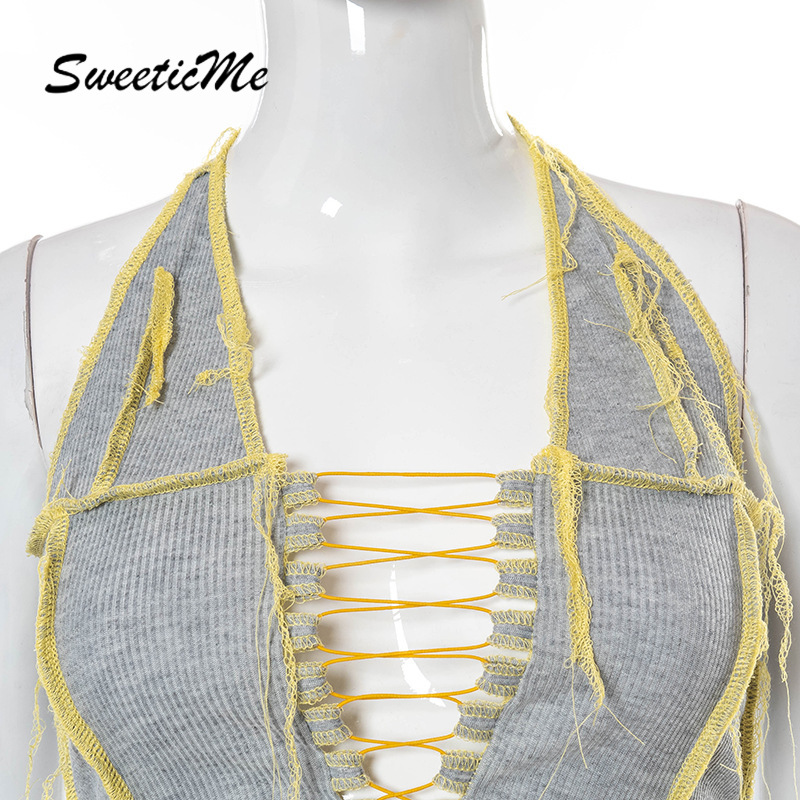 SweeticMe Women Contrast Lined Sexy V-neck Backless Slim Fit Casual Halter Top
