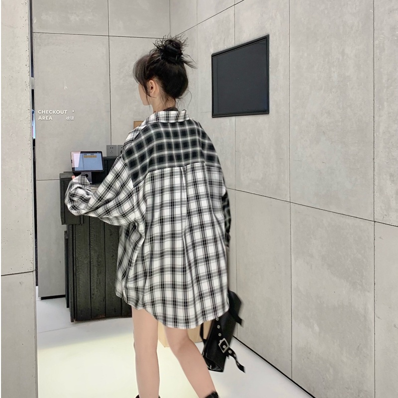 SUXI Áo Khoác Sơ Mi Chống Nắng Dáng Rộng Kẻ Sọc Ca Rô Trắng Đen Kiểu Retro Thời Trang Mùa Thu Cho Nữ