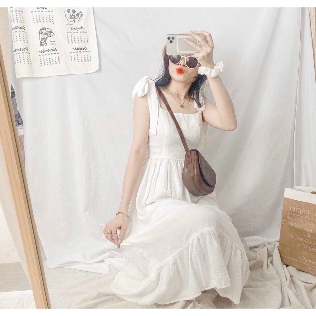 Đầm 2 Dây, Đầm 2 Dây Trắng Buộc Nơ Vai Đuôi Cá Dáng Dài | BigBuy360 - bigbuy360.vn