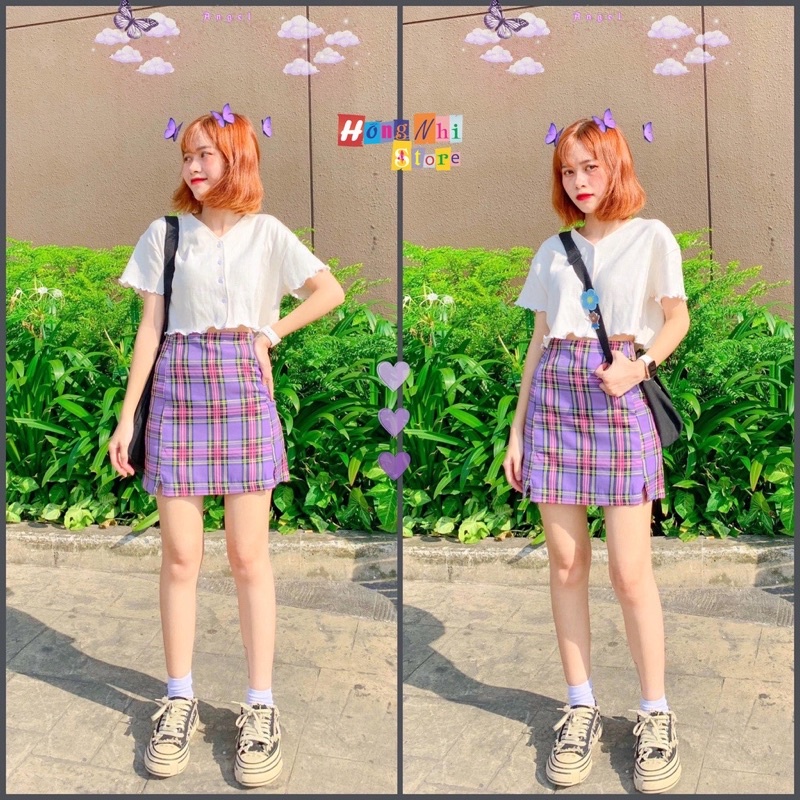 Chân Váy Caro Màu Tím Chữ A Xẻ Lai Có Quần Lót Trong Dáng Ôm Ulzzang Size S