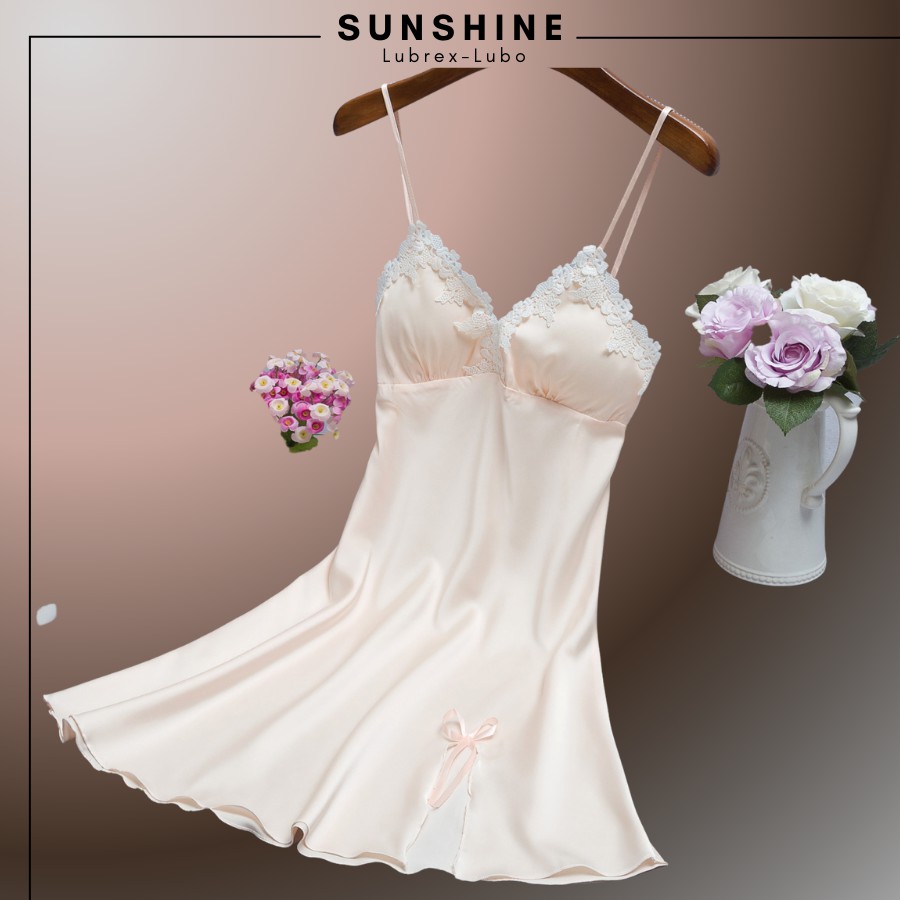 Váy ngủ sexy lụa có mút ngực cao cấp Đầm mặc nhà màu Hồng gợi cảm quyến rũ Sunshine Lubrex-lubo -VL129