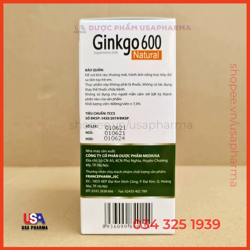 [Viên uống] GINKGO 600 giảm các triệu chứng đau đầu hoa mắt chóng mặt chóng mặt ,rối loạn tiền đình