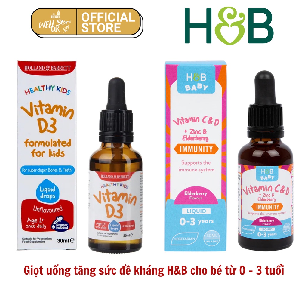 Giọt uống vitamin D3, vitamin C&D + kẽm H&B tăng đề kháng cho bé từ 0 - 3 tuổi lọ 30ml