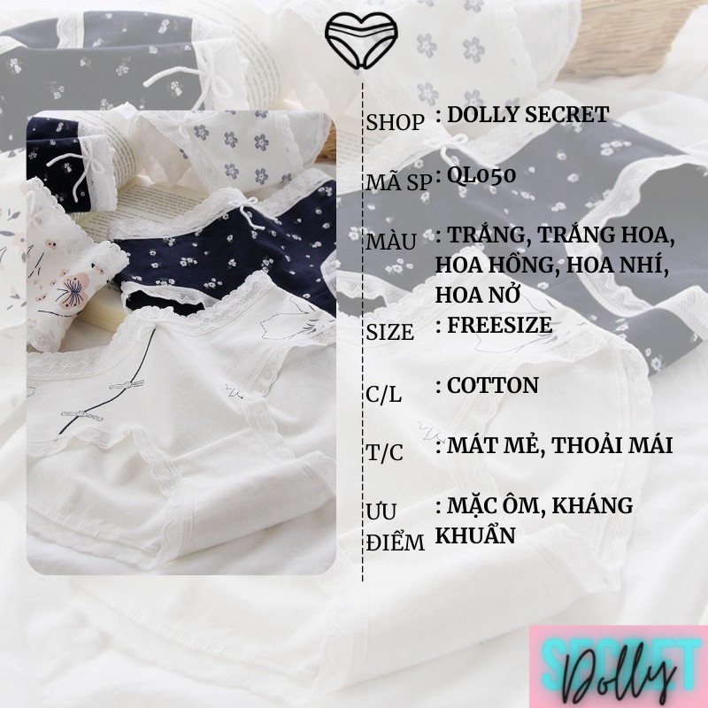 Quần Lót Cotton Nữ DOLLY SECRET Viền Ren Y Tế Học Sinh Cao Cấp Họa Tiết Màu Trắng Vải Kháng Khuẩn Mềm Mại QL050