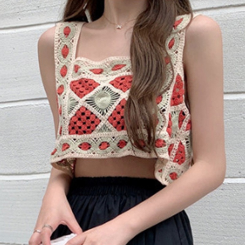 Áo croptop không tay dệt kim thêu hoạ tiết hình học phong cách Bohemian cổ điển thời trang mùa hè đi biển cho nữ