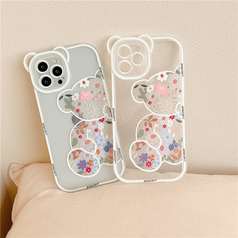 Ốp Điện Thoại Tpu Silicon Mềm Họa Tiết Gấu Và Hoa Cho Compatible for Iphone 11 Pro Max 12 Mini 13 XR XS
