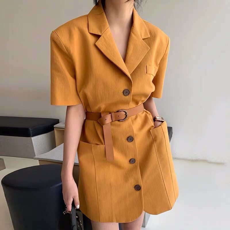 Đầm đũi cổ vest Quảng Châu kèm belt - Đầm cổ vest màu cam chất mát mặc hè