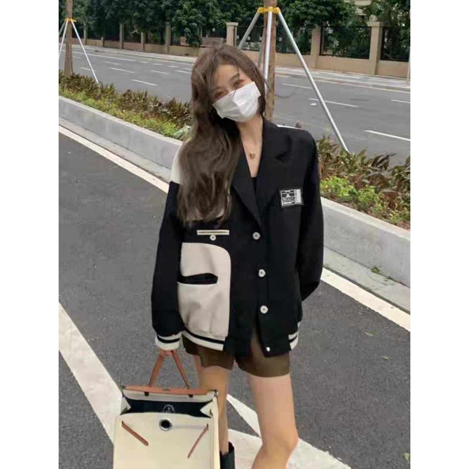 Áo khoác bomber cổ vest đen trắng cá tính Hàn Quốc - Áo blazer cách điệu unisex nam nữ