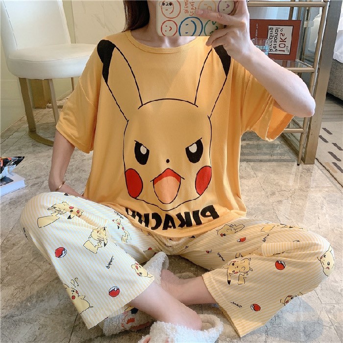 [Sẵn] Đồ bộ thun cotton quần dài, đồ mặc ở nhà Quảng Châu, pijama họa tiết hoạt hình dễ thương | BigBuy360 - bigbuy360.vn