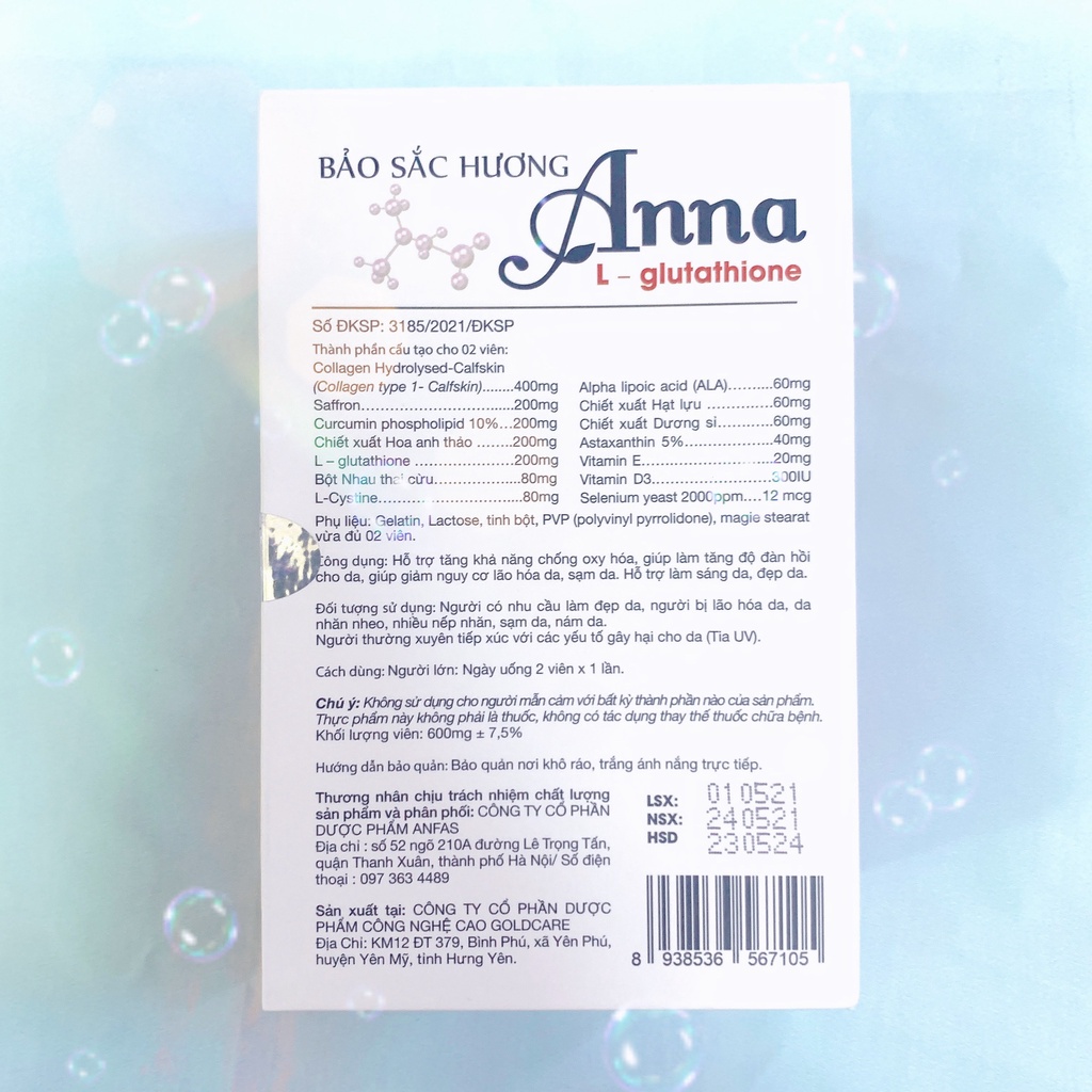 Viên uống Collagen Bảo sắc hương Anna hộp 30 viên chống oxy hóa, tăng đàn hồi cho da, làm chậm lão hóa, trẻ hóa làn da